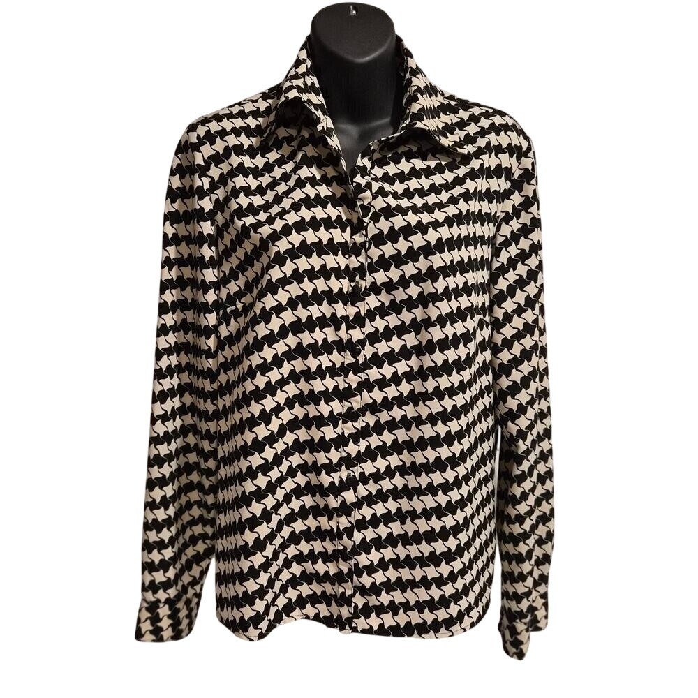 Fred David Womens Black Ivory Geometric Abstract Print Button Down Shirt Small